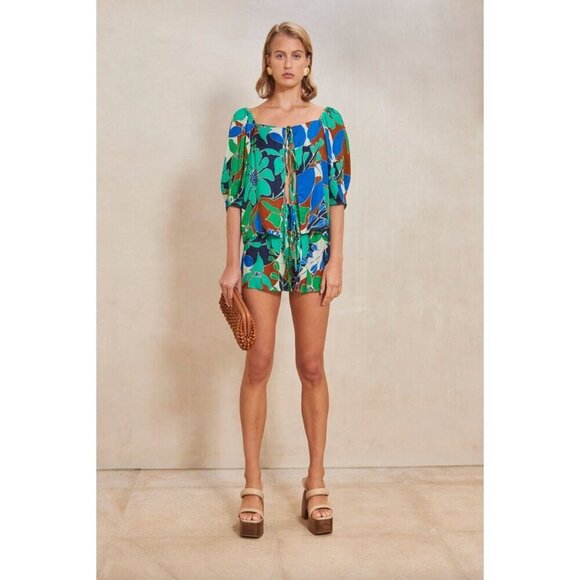 CULT GAIA Aurel Lace Up Floral Top Botanic Aqua Womens Size Medium - Picture 1 of 10